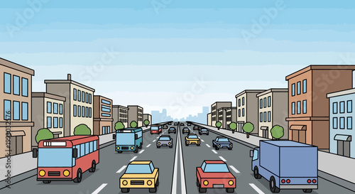 Busy City Street Traffic - Cars, Bus, Truck Driving on Highway with Buildings