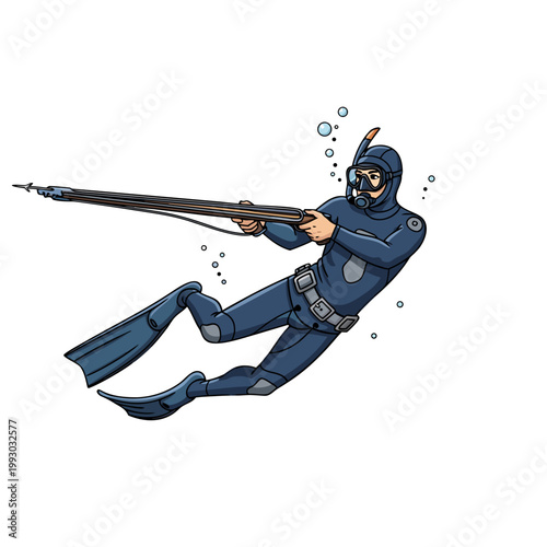 Diver with speargun underwater while hunting for fish  