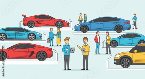 Car Dealership Showroom with Diverse Customers and Vehicles