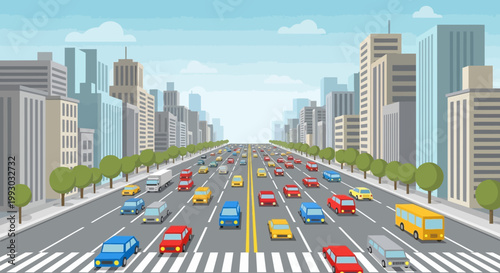 Busy City Street with Cars and Tall Buildings in Traffic