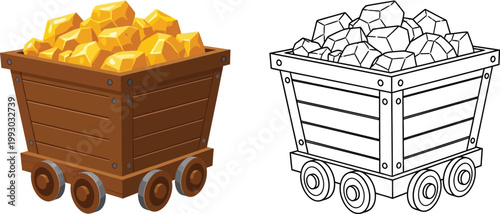 Gold ore in a mine cart illustration for mining industry and treasure hunting concepts isolated on white
