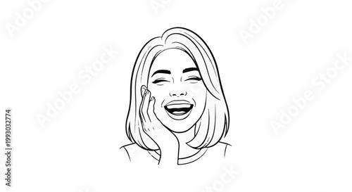 Line art of a woman with bobbed hair, eyes closed, and mouth open laughing