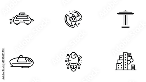 Futuristic Transport Iconography: A collection of sleek, minimalistic icons representing advanced modes of transportation, reflecting the evolution of travel and technological advancement.