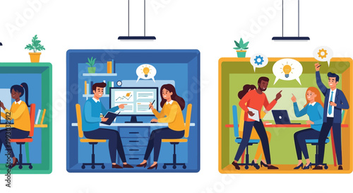 Illustration of people working in office cubicles with ideas.