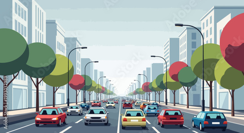 Busy city street with cars, trees, and buildings in a flat vector style.