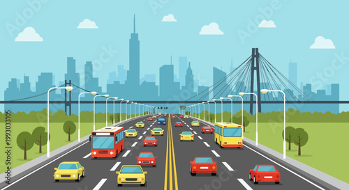 Busy highway with cars, buses, and city skyline with bridge