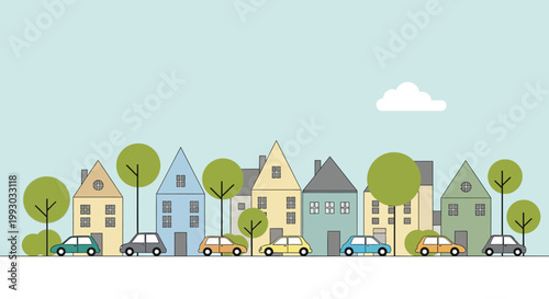 Charming Cartoon Townscape with Colorful Houses, Trees, and Cars