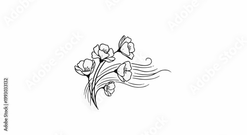 Delicate linework sketch of blooming flowers swaying gracefully in the breeze