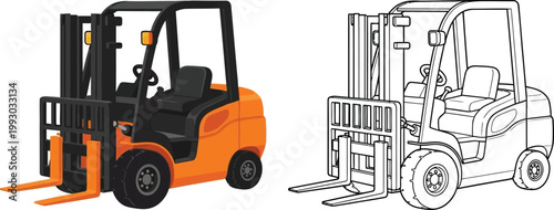 Orange forklift truck and line art illustration industrial vehicle for logistics and warehouse isolated on white background