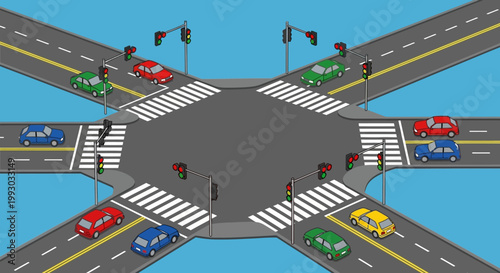 Busy Intersection with Cars and Traffic Lights - Urban Crossroads Traffic Flow