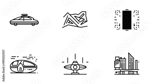 Futuristic Icon Set: A collection of modern icons representing technological advancements, cityscapes, and transportation modes in a sleek and minimalist design.