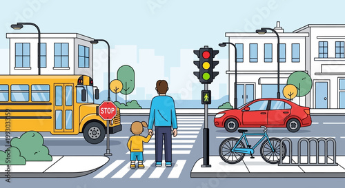 Child and adult cross street at crosswalk with school bus, car, and traffic light