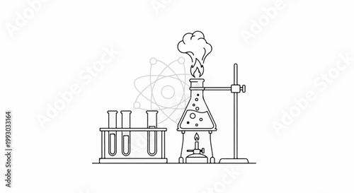 Laboratory experiment with bubbling flask over burner and test tubes