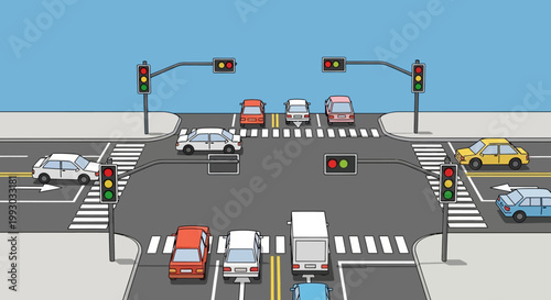 Busy Intersection with Traffic Lights and Cars, Urban Street Scene
