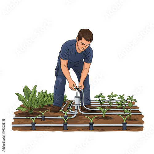 Man installing drip irrigation system in vegetable garden  