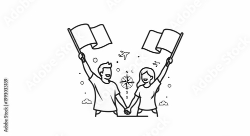 Happy couple holding flags with compass and planes above