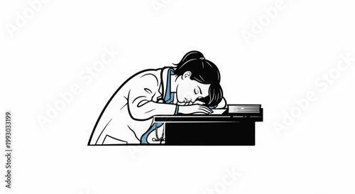 exhausted medical professional sleeping on a desk with a book
