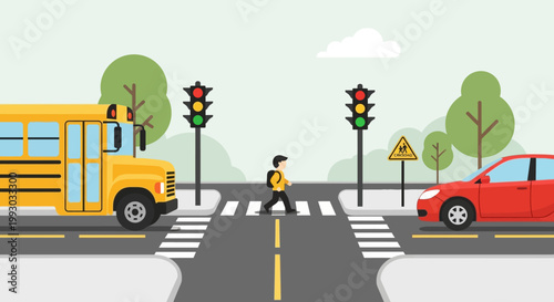Child crossing street at crosswalk with school bus and car, traffic lights signal.
