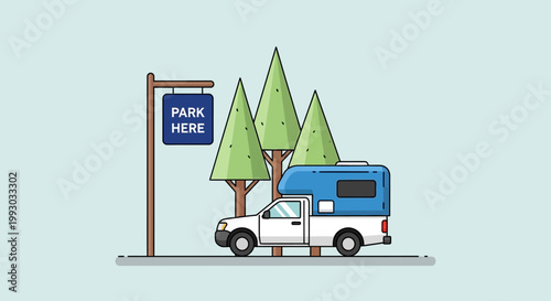 Camper Truck Parking Sign in Forest Scene Flat Design