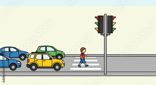 Child crossing street at crosswalk with traffic light and cars