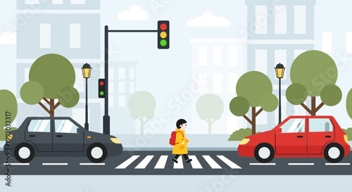 Child crossing street at crosswalk with traffic lights and cars