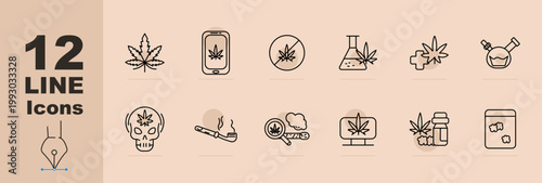 Cannabis usage set icon. Line icons with leaf, mobile device with, prohibition sign, lab flask, medical cross leaf, bong device, skull symbol, smoking pipe, magnifier leaf smoke