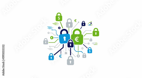 Digital security concept with interconnected locks, currency symbols, and data lines