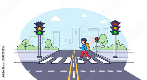 Child crossing street at crosswalk with traffic lights, city background