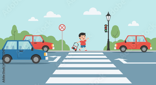 Child crossing street on zebra crossing with traffic lights and cars