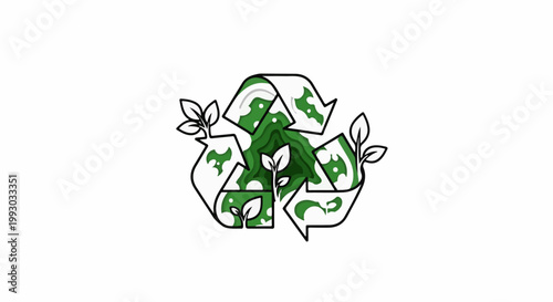 Green recycling symbol with plant sprouts and layered planet earth
