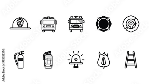 Essential Firefighting Icons: A comprehensive collection of iconic symbols representing the essential tools, vehicles, and insignia used by firefighters, all presented with clear, concise lines.