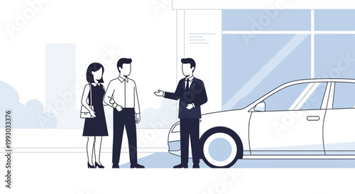 Car dealership consultation: couple with salesman discussing new vehicle purchase