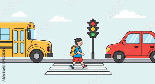 Child crossing street safely at crosswalk with school bus and car