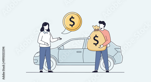 Car Purchase Transaction: Man Buys Car with Money Bag, Woman Seller