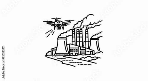 Drone monitors industrial plant emitting smoke into the air