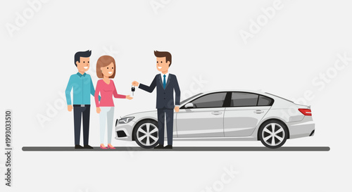 Car Dealership Handover: Couple Receives Keys to New White Sedan from Salesperson