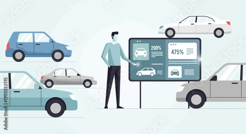 Car Dealership Presentation: Man Showing Vehicle Options on Digital Screen