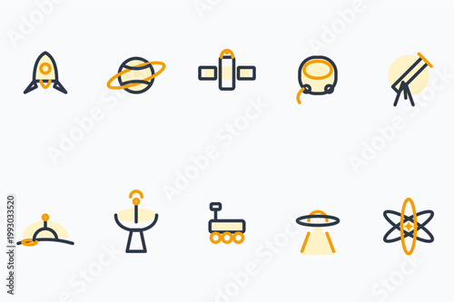 Minimalist Space Exploration Icon Set Featuring Rocket Satellite And UFO