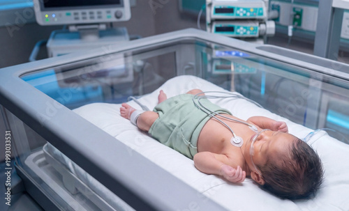Cuadro en lienzo Newborn baby in neonatal incubator with monitoring equipment in hospital care un