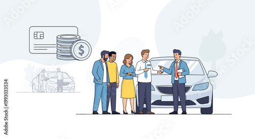 Car Dealership Sales: Customer Buying New Vehicle with Credit Card and Coins