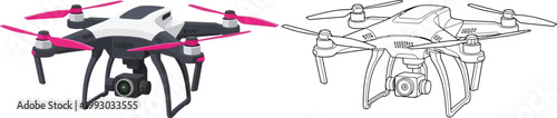 Modern drone with camera vector illustration and line art isolated on white background for technology concepts