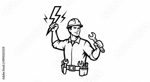 Cartoon electrician in hard hat holding wrench and lightning bolt