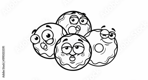 Four anthropomorphic donuts with different cartoon faces and expressions