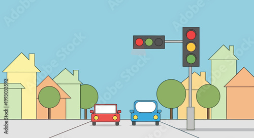 Cars at traffic light in stylized city street with houses and trees