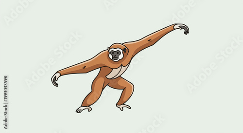 Cartoon gibbon ape with arms outstretched, mid-leap, light background