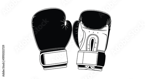A stark black and white illustration depicts a pair of boxing gloves facing forward suggesting combat high quality