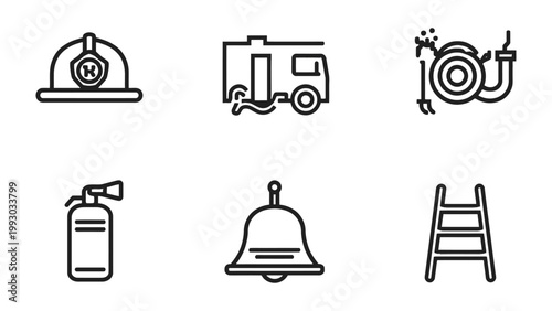 Firefighter Essentials: A comprehensive visual guide showcasing key equipment and tools essential for firefighters in action, including fire helmet, fire truck, water hose, fire extinguisher.