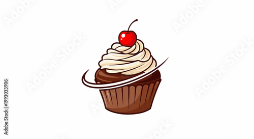 Chocolate cupcake with vanilla frosting and a cherry on top
