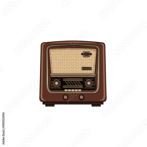 Vintage wooden radio with knobs and grill in classic design  