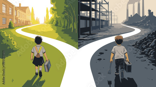 Children walking down a diverging path illustrate the stark contrast between a bright educational future and the harsh reality of industrial labor conditions.